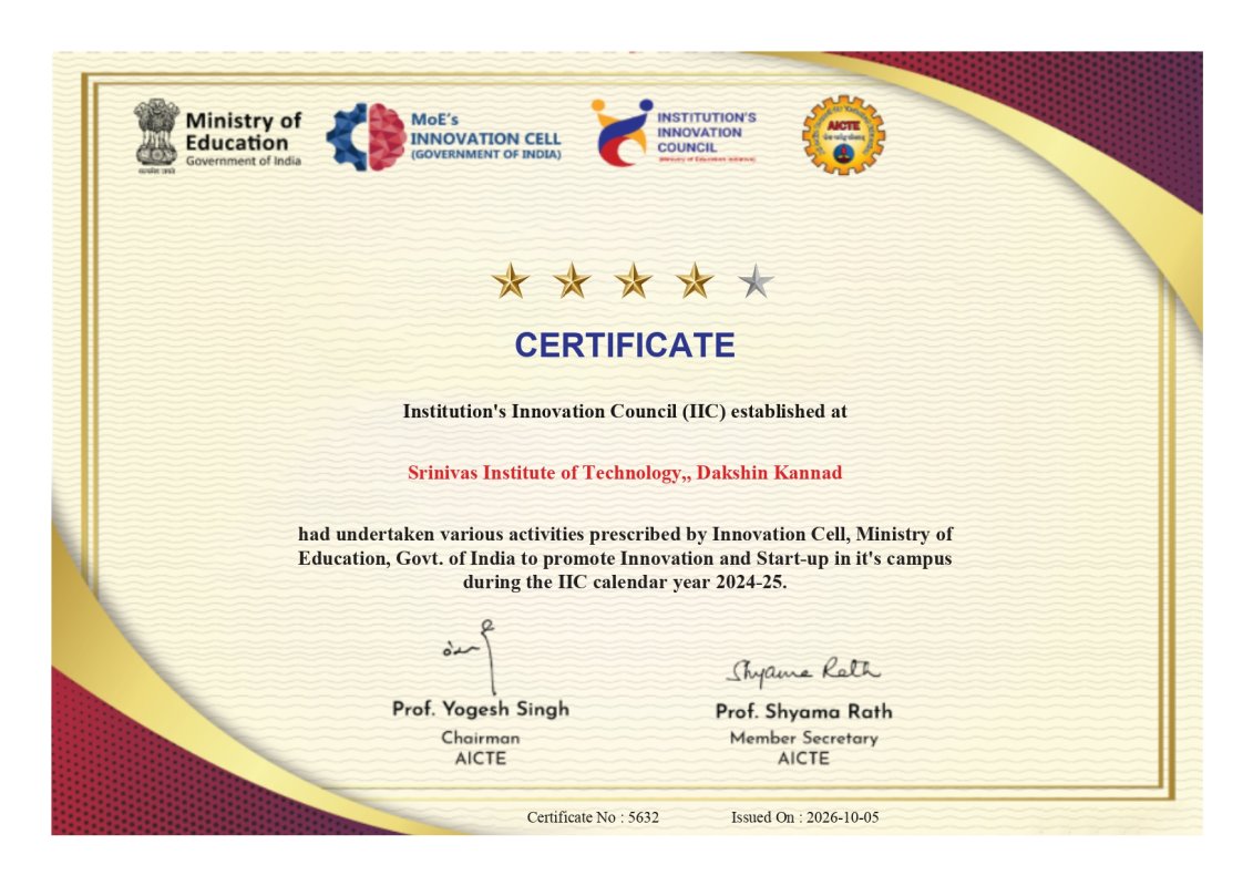 🏆 Srinivas Institute of Technology Achieves Four-Star Rating from IIC for 2024–25
